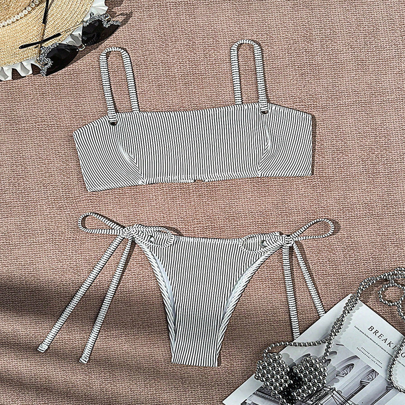 Damen Bikiniset mit modischem Streifenmuster und verstellbaren Schnürdetails Drune