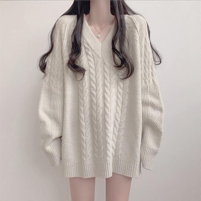 Damen Großer Strickpullover mit Zopfmuster und V-Ausschnitt Drune