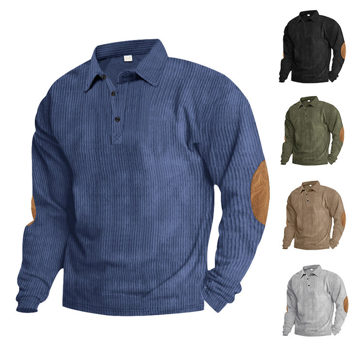 Herren lässiges Langarm-Henley-Shirt mit strukturiertem Rippenstoff und kontrastierenden Ellbogenpatches Drune