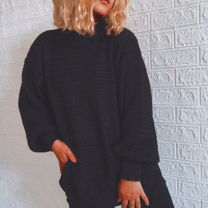 Damen lässiger Strickpullover mit hohem Kragen und voluminösen Ärmeln Drune