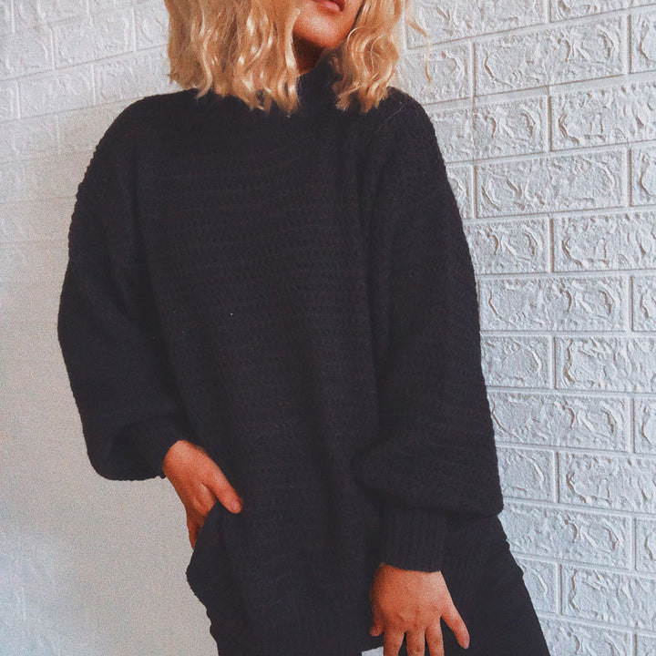 Damen lässiger Strickpullover mit hohem Kragen und voluminösen Ärmeln Drune