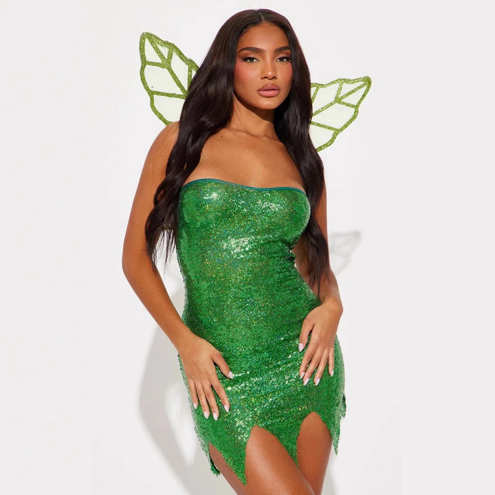 Damen Funkelndes Feenkleid mit schulterfreiem Schnitt und transparenten Flügeln Drune