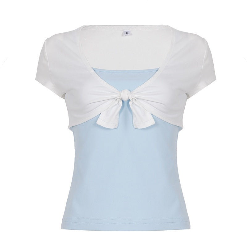 Damen Kurzarm Blusentop mit Knotendetail Drune