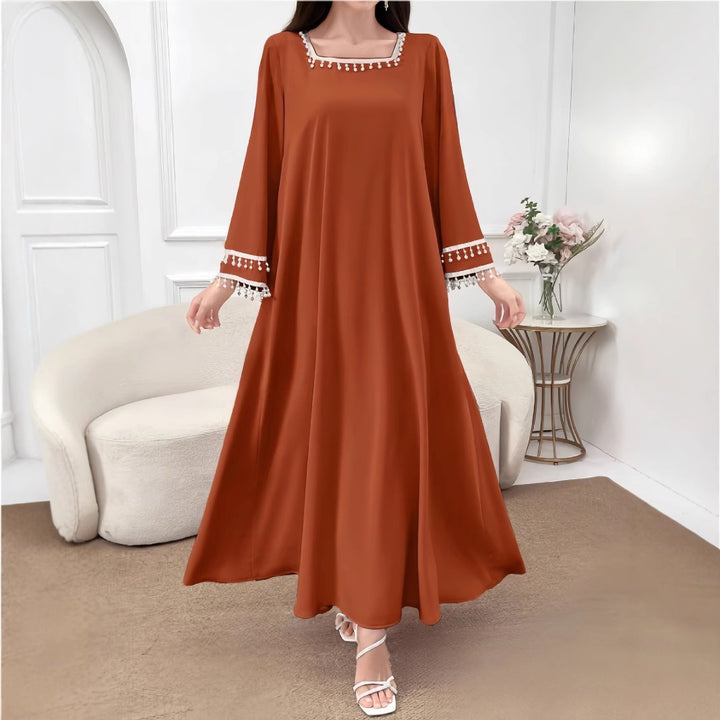 Damen Elegantes Maxikleid mit dekorativen Fransen und weiten Ärmeln Drune