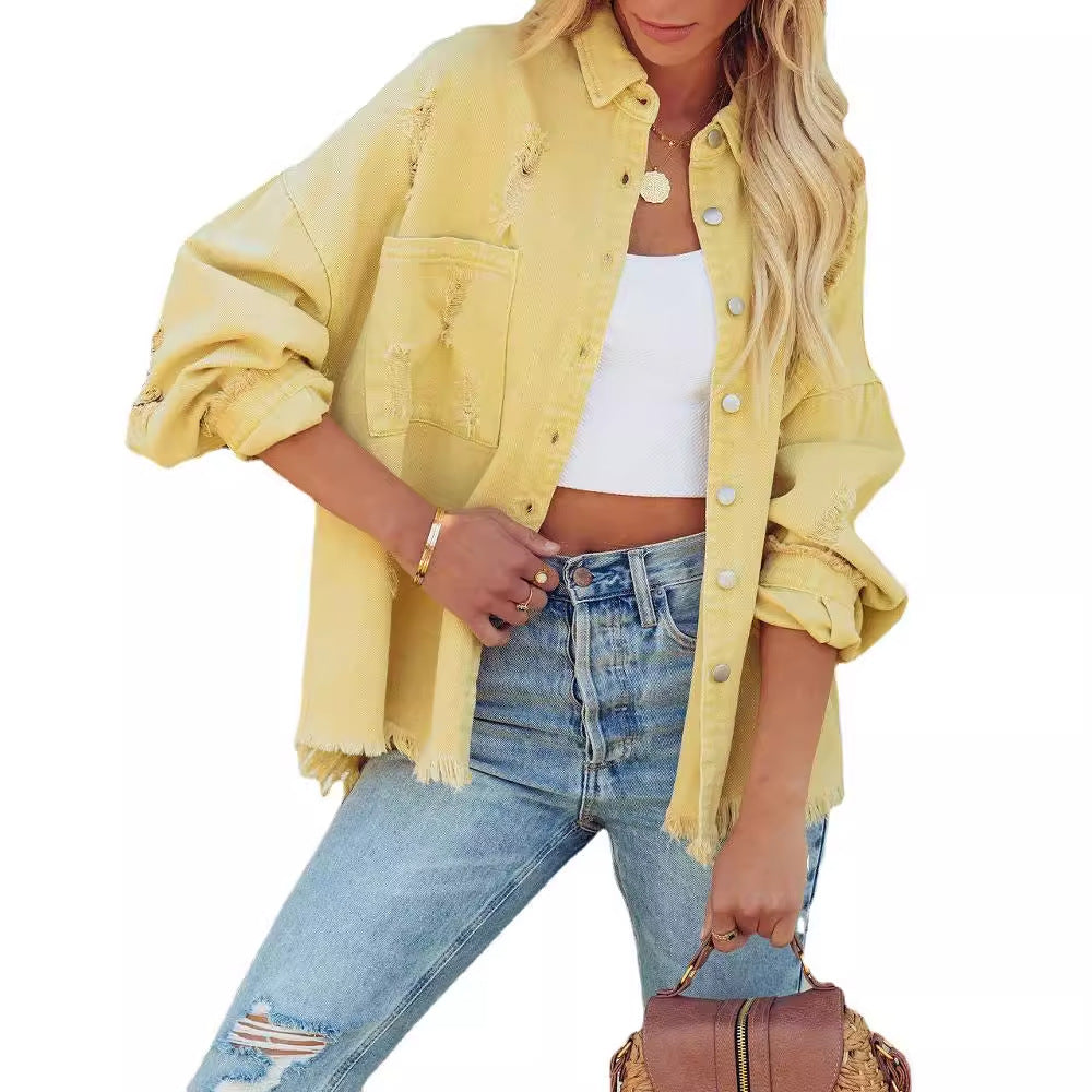 Damen Oversized Jeansjacke im lässigen Vintage-Stil mit fransigen Details Drune