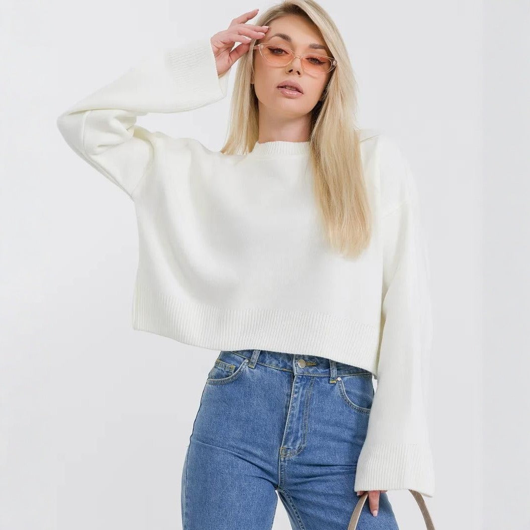 Damen cropped Strickpullover mit voluminösen Ärmeln und Rundhalsausschnitt Drune