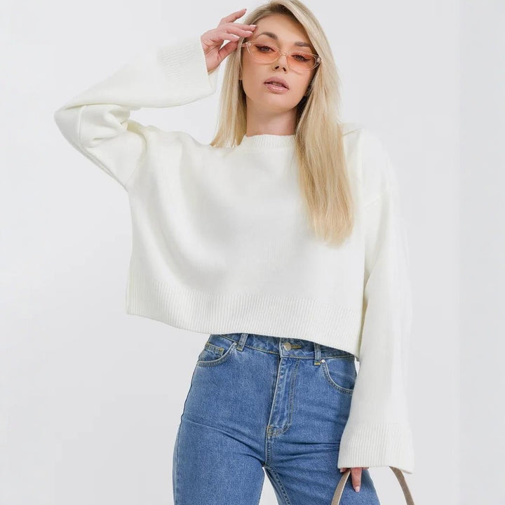 Damen cropped Strickpullover mit voluminösen Ärmeln und Rundhalsausschnitt Drune