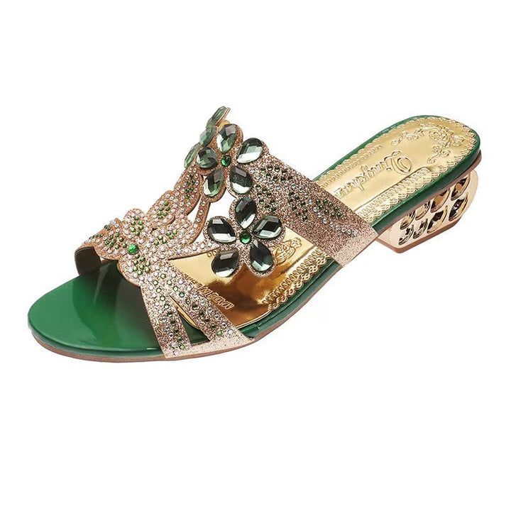 Damen nan verzierte Riemchensandalen mit mittelhohem geometrischem Blockabsatz und Kristallblumen Drune