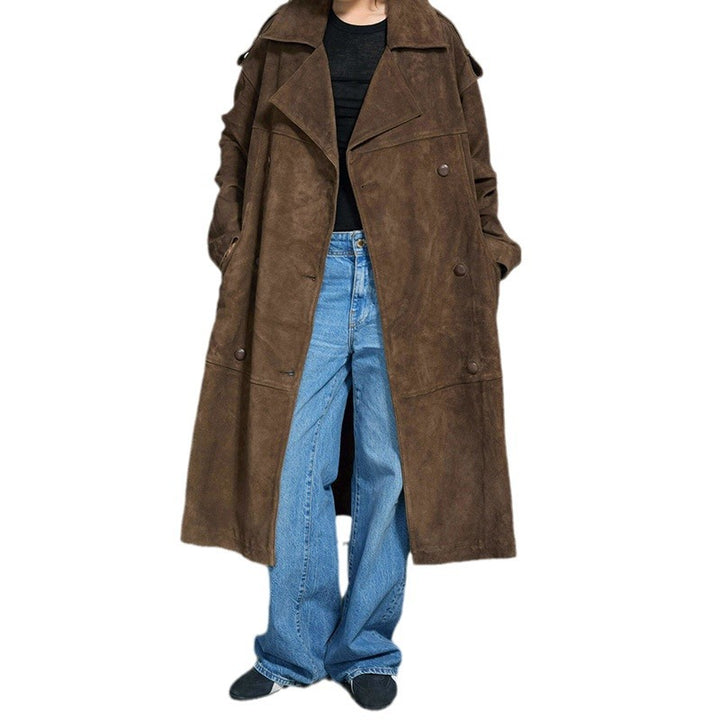 Damen Eleganter Suede-Trenchcoat mit großzügigem Schnitt Drune
