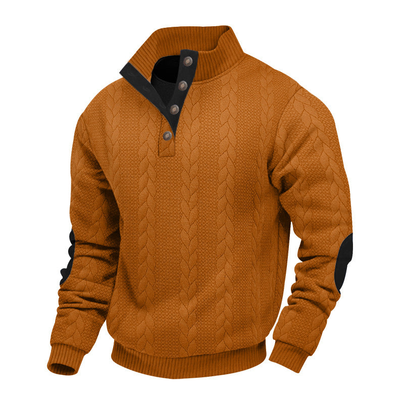 Herren nan strukturiertes Kabelstrick-Henley-Pullover mit Stehkragen und Ellbogenpatches Drune