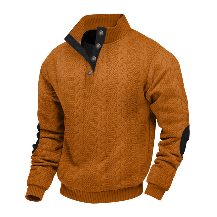 Herren nan strukturiertes Kabelstrick-Henley-Pullover mit Stehkragen und Ellbogenpatches Drune