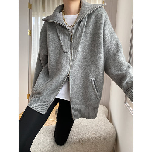 Damen Cozy Strickjacke mit hohem Kragen und Reißverschluss Drune