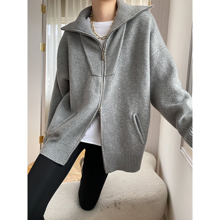 Damen lässige Zip-Up Strickjacke mit hohem Kragen und seitlichen Taschen Drune