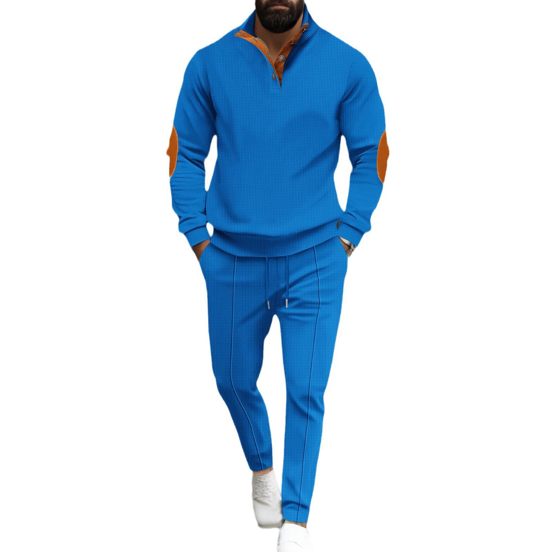Herren nan feinstrukturiertes Halbkragen-Sweatshirt mit Knopfleiste, dekorativen Ellbogenpatches und legerem Saumabschluss Drune