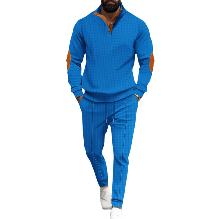 Herren nan feinstrukturiertes Halbkragen-Sweatshirt mit Knopfleiste, dekorativen Ellbogenpatches und legerem Saumabschluss Drune