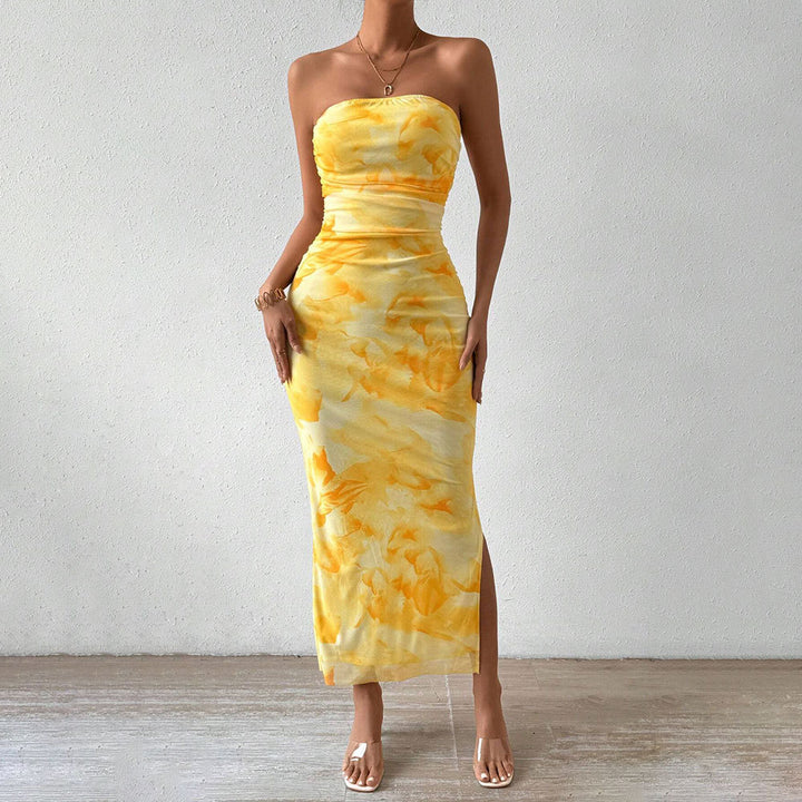 Damen Lange Hülsenmaxikleid mit Bandeau-Ausschnitt und hohem Schlitz Drune