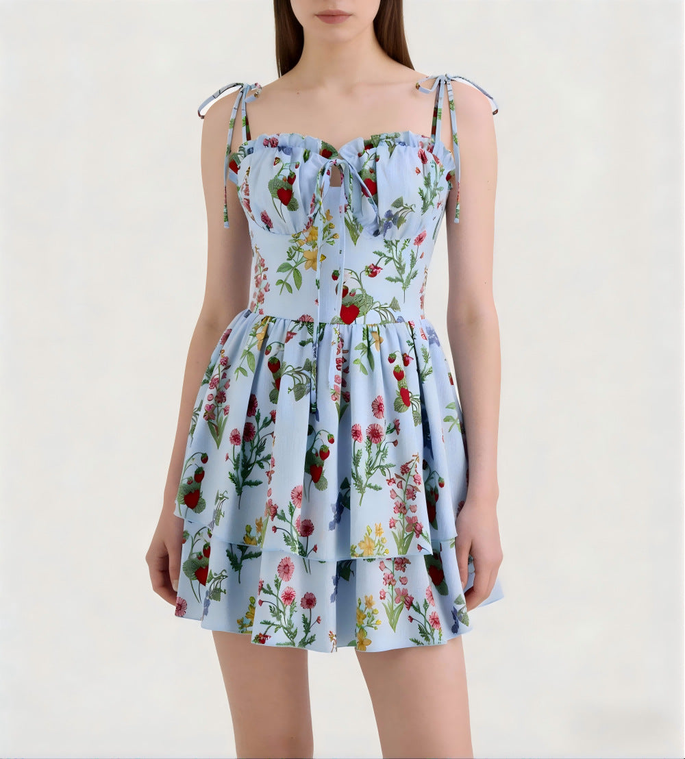 Damen Minikleid mit Blumenmuster und bordeauxfarbenem Unterrock Drune