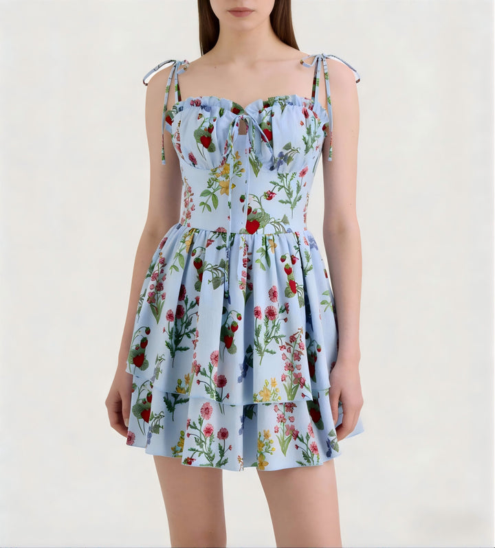 Damen Minikleid mit Blumenmuster und bordeauxfarbenem Unterrock Drune