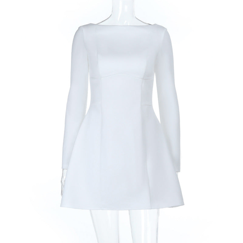 Damen elegantes Langarmkleid mit ausgefallenem Ausschnitt und schwingendem Rock Drune