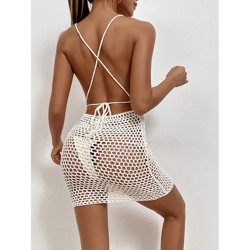 Damen Häkel-Strandkleid mit tiefem V-Ausschnitt und transparentem Netzdesign Drune