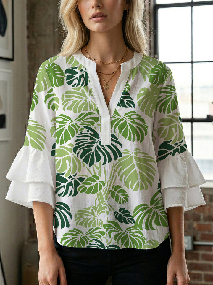Damen Bluse mit voluminösen Flügelärmel und intensivem Blattmuster Drune