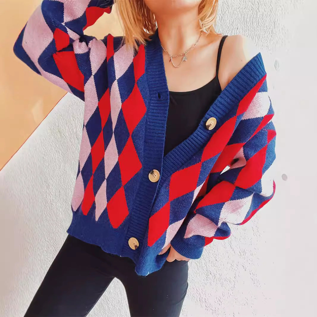 Damen Gemusterte Strickjacke im modernen Rautendesign mit großen Knöpfen Drune