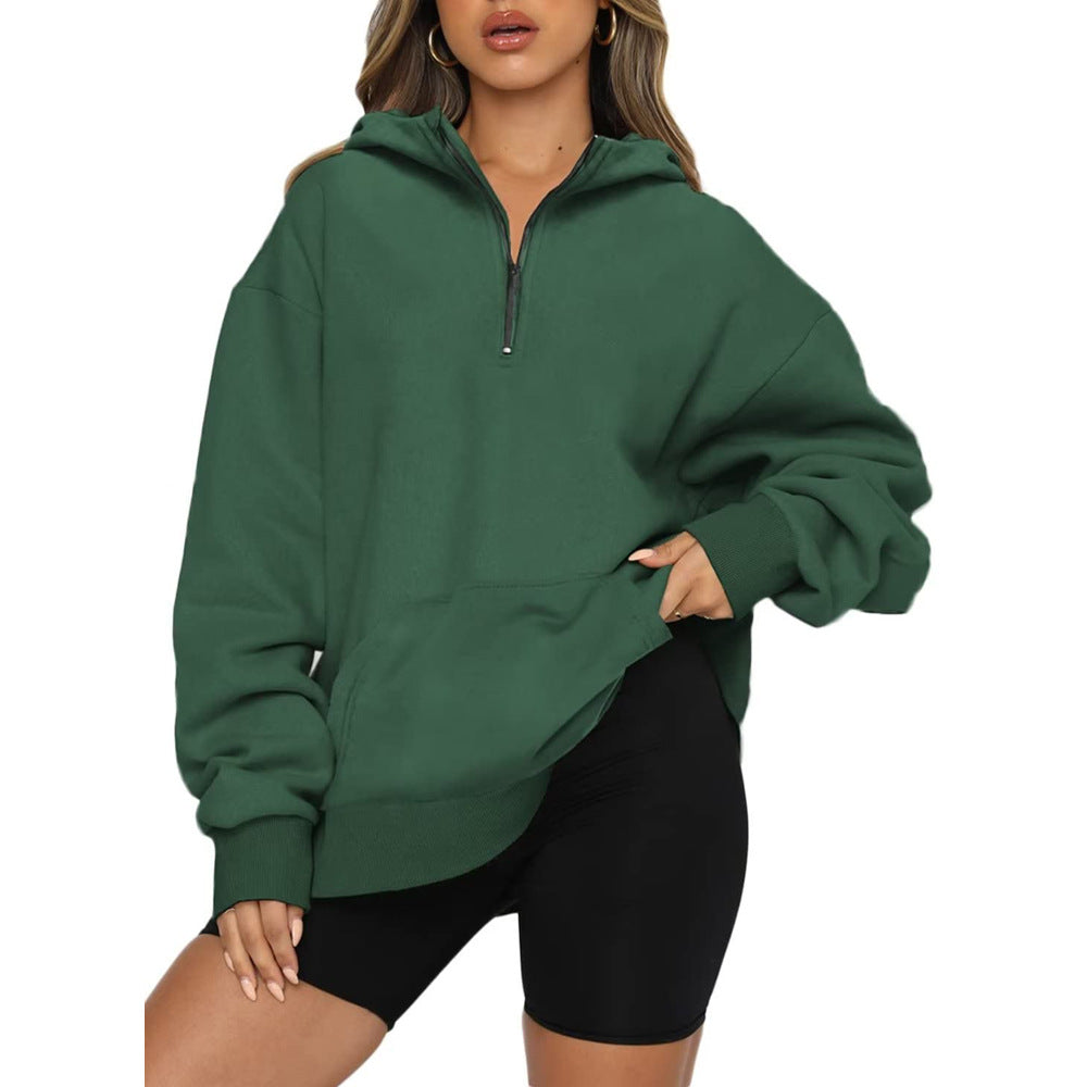 Damen Oversize Kapuzenpullover mit halbem Reißverschluss Drune