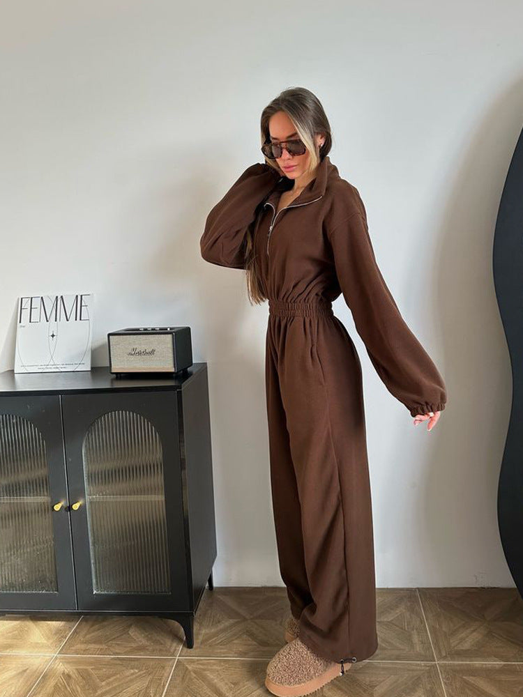 Damen modischer Fleece-Jogginganzug mit Halb-Reißverschluss und elastischem Bund Drune