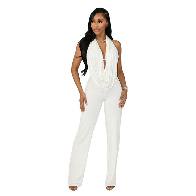 Damen Eleganter Jumpsuit mit tiefem V-Ausschnitt und fließendem Stoff Drune