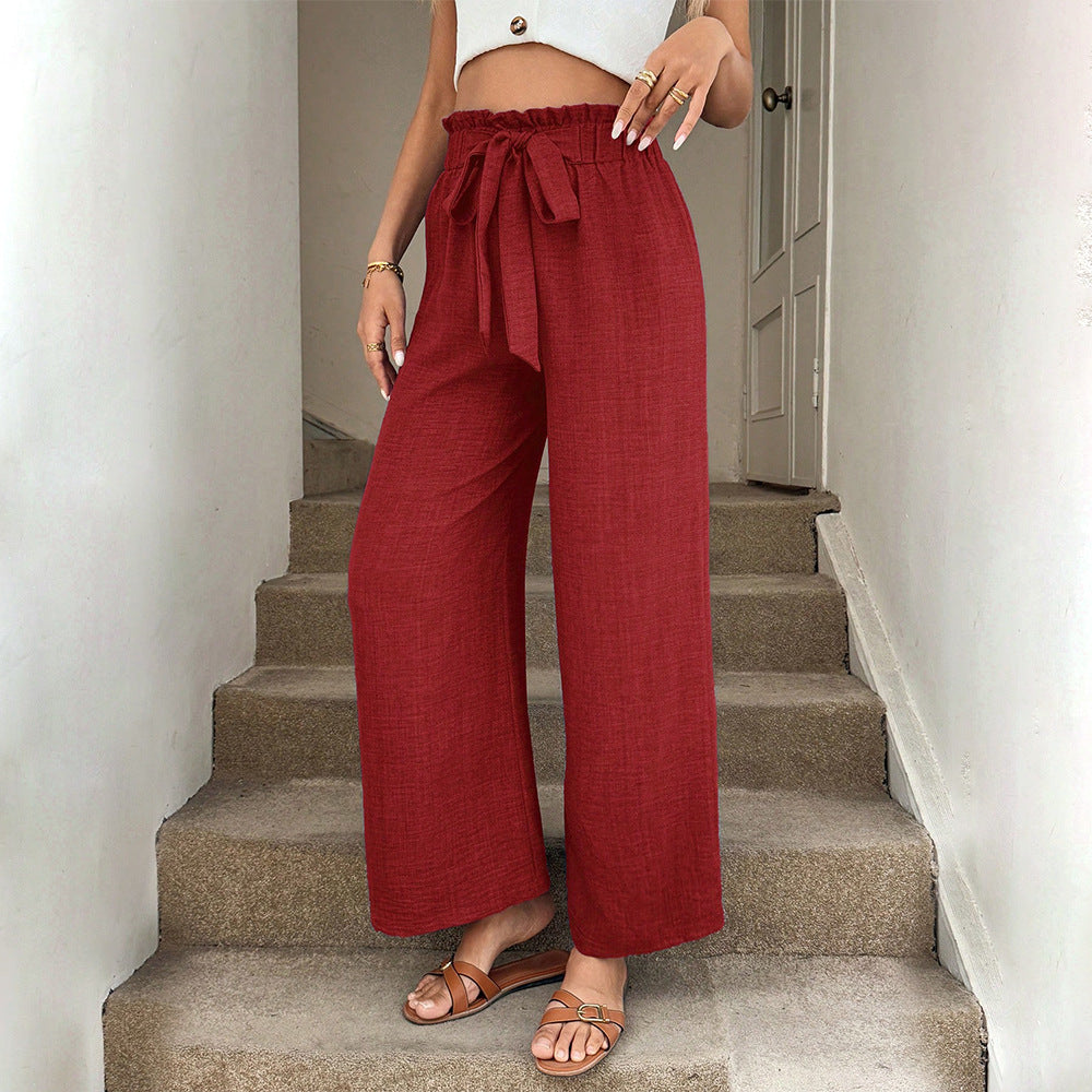 Damen lässige weite Stoffhose mit Gummizug und Bindegürtel Drune