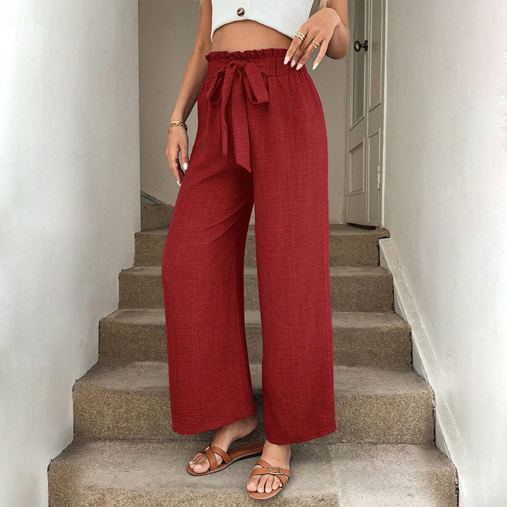 Damen lässige weite Stoffhose mit Gummizug und Bindegürtel Drune