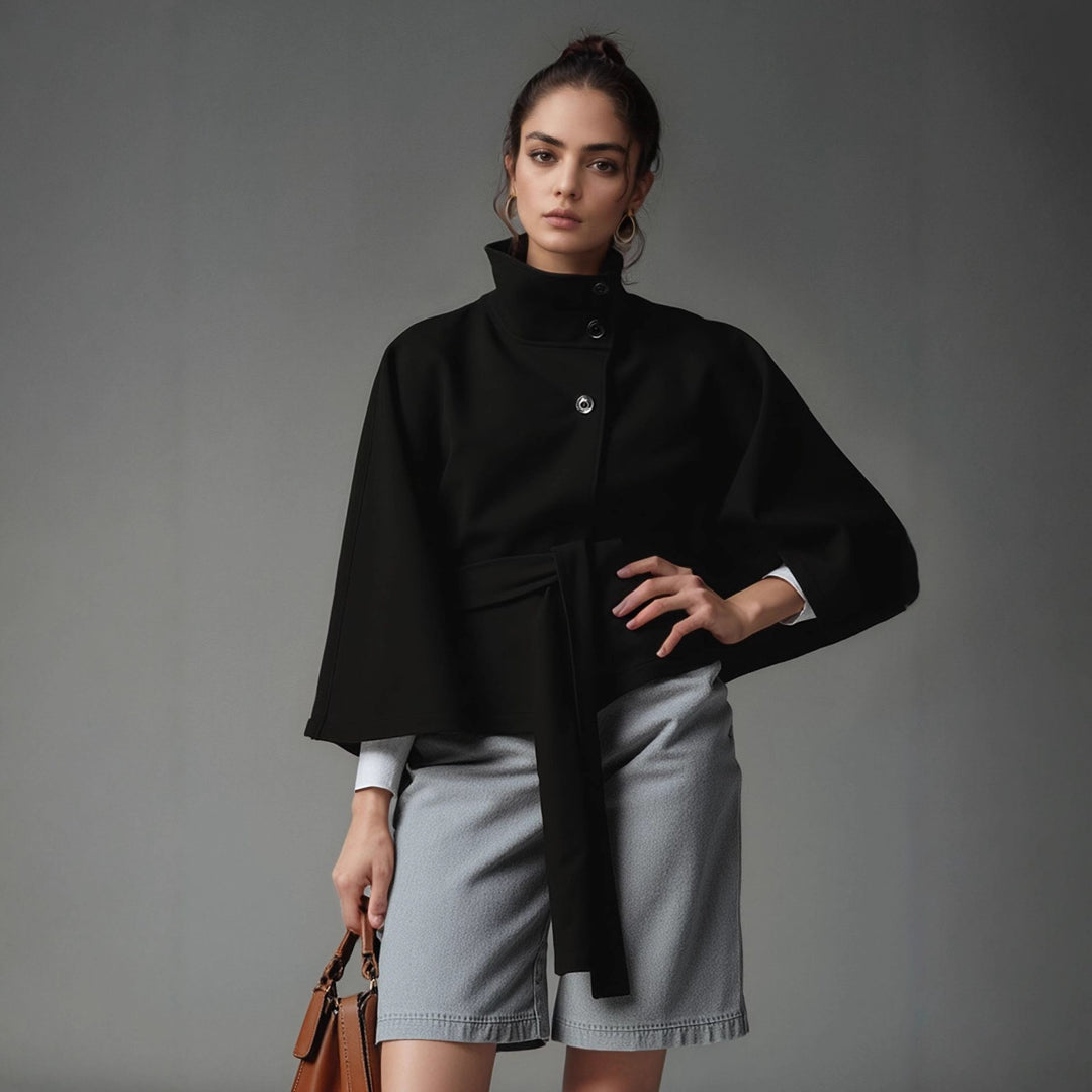 Damen nan kastiges Kurzcape Mantel mit Stehkragen und Bindegürtel Drune