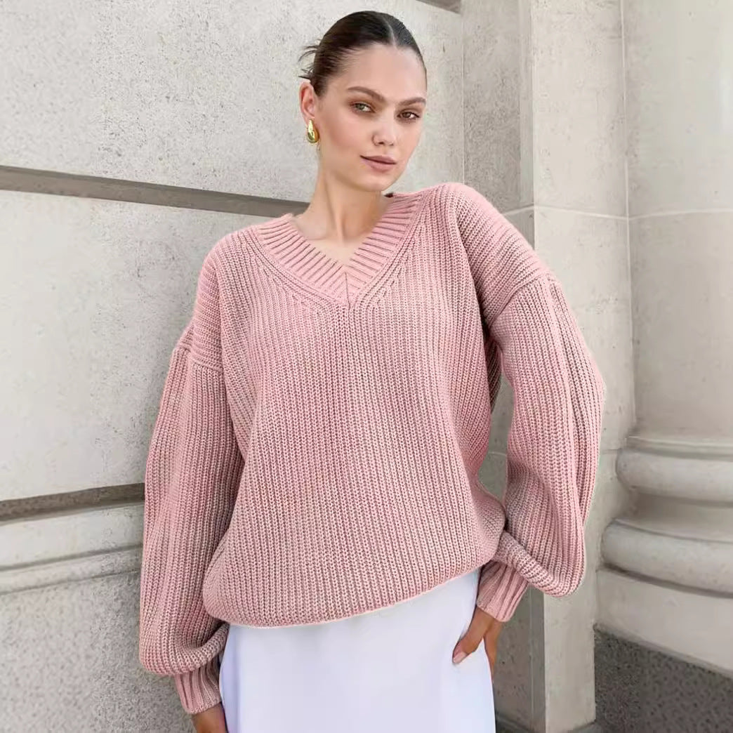 Damen V-Ausschnitt Strickpullover mit voluminösen Ärmeln und strukturierter Oberfläche Drune