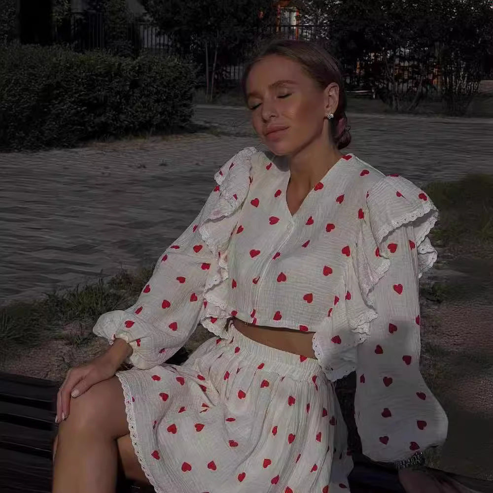 Damen Zweiteiliges Set mit herzförmigem Muster und luftiger Bluse Drune