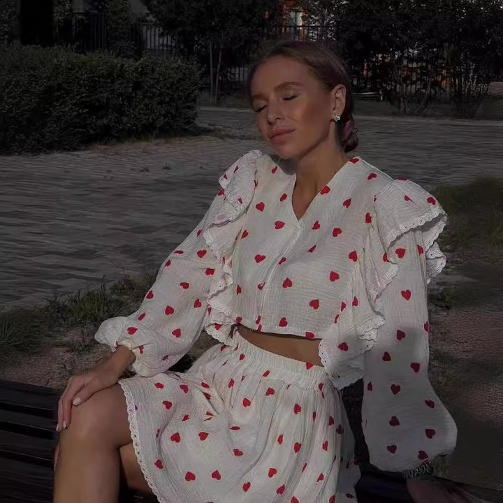 Damen Zweiteiliges Set mit herzförmigem Muster und luftiger Bluse Drune