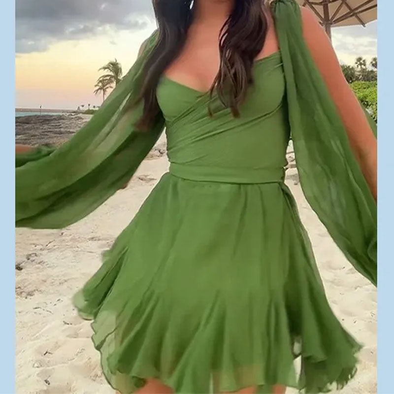 Damen Kurzkleid mit schwingendem Rock und transparenten Ärmeln Drune