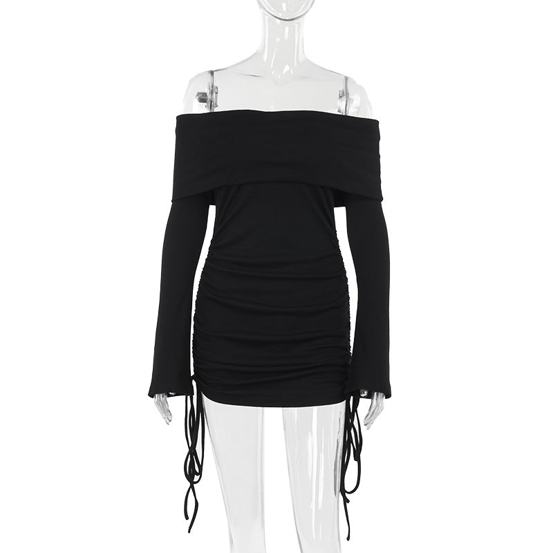 Damen Off-Shoulder Mini-Kleid mit Raffung und langen Ärmeln Drune