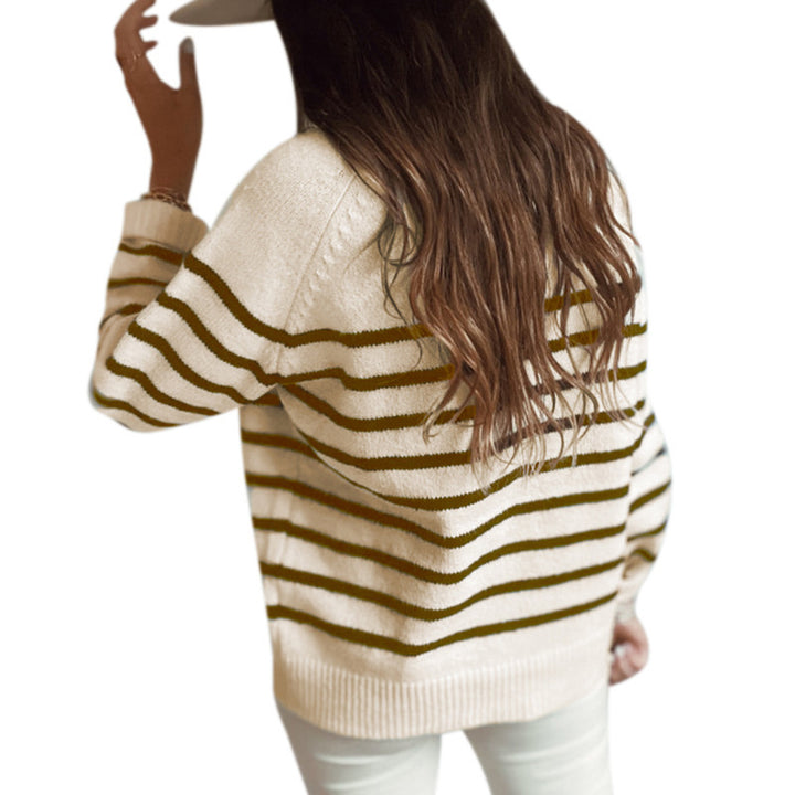 Damen lockerer Strickpullover mit Knopfdetails und Streifenmuster Drune