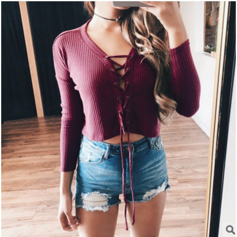 Damen Cropped Pullover mit Schnürung Drune