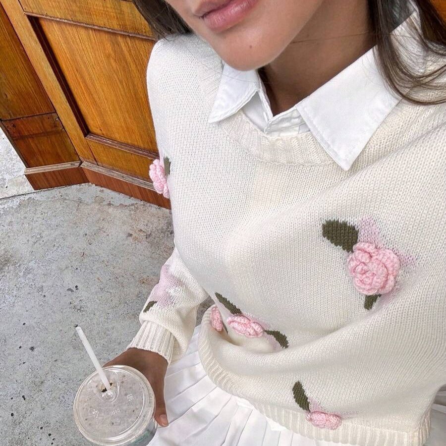 Damen Strickpullover mit floralen Applikationen und Rundhalsausschnitt Drune