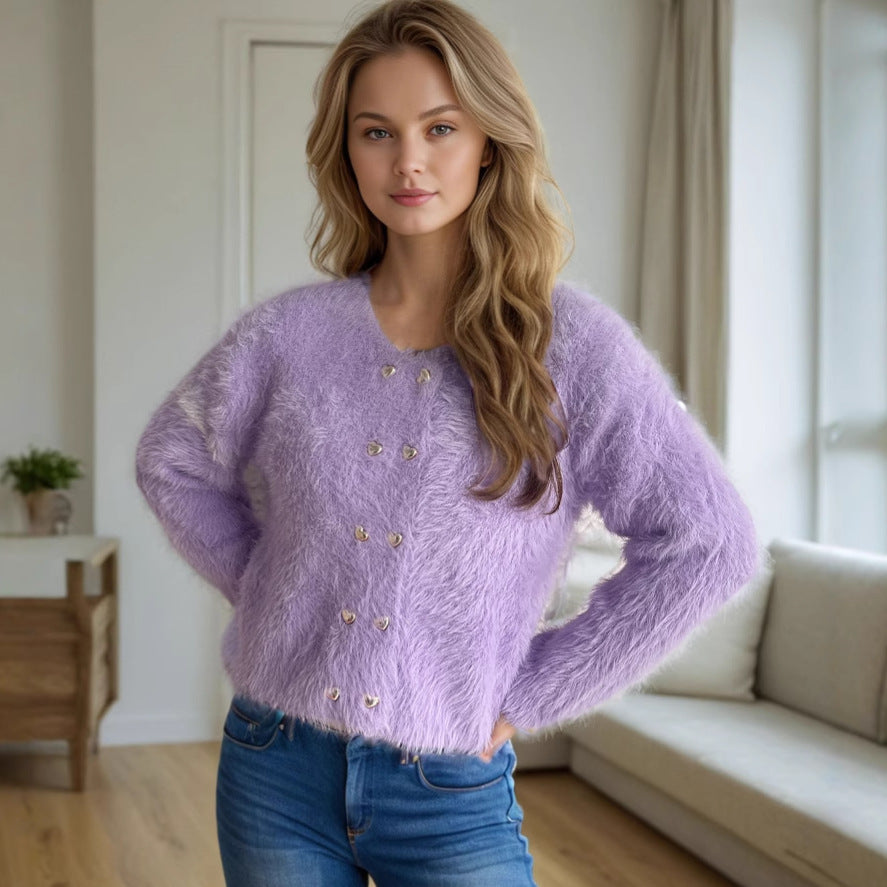 Damen flauschige Strickjacke mit herzförmigen Knöpfen und lockerer Passform Drune