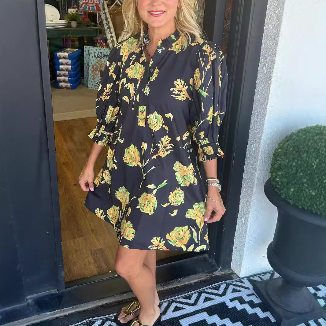 Damen Blusenkleid mit floralen Akzenten und Rüschendetails Drune