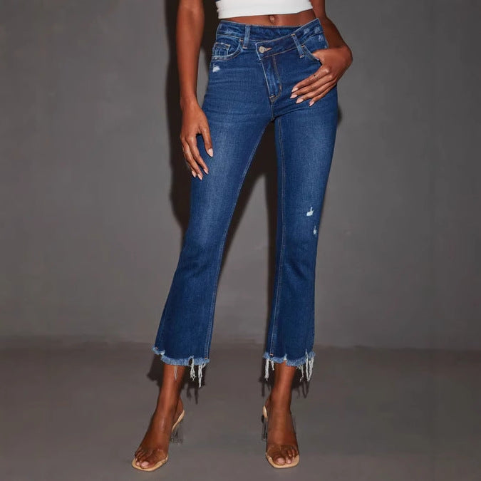 Damen Flared Jeans mit modischen Destroyed-Details und ausgefransten Säumen Drune
