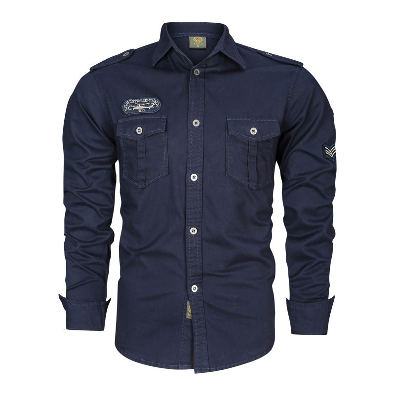 Herren nan tailliertes Fieldhemd aus Baumwoll-Twill mit Schulterklappen, Brustpatten und gestickten Abzeichen Drune