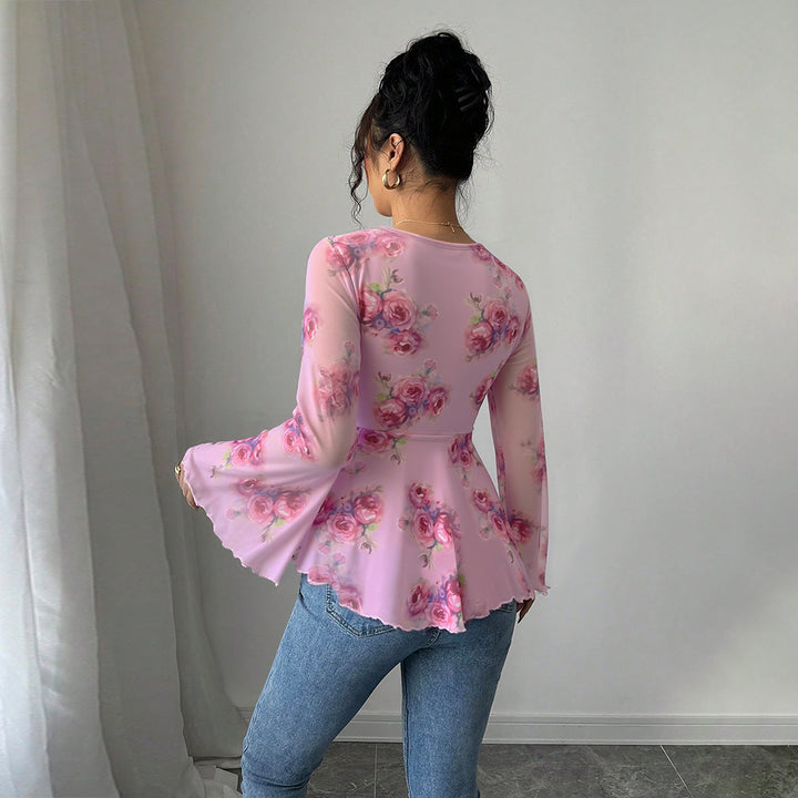 Damen fließendes Blusenshirt mit floralem Design und verspieltem Knoten Drune