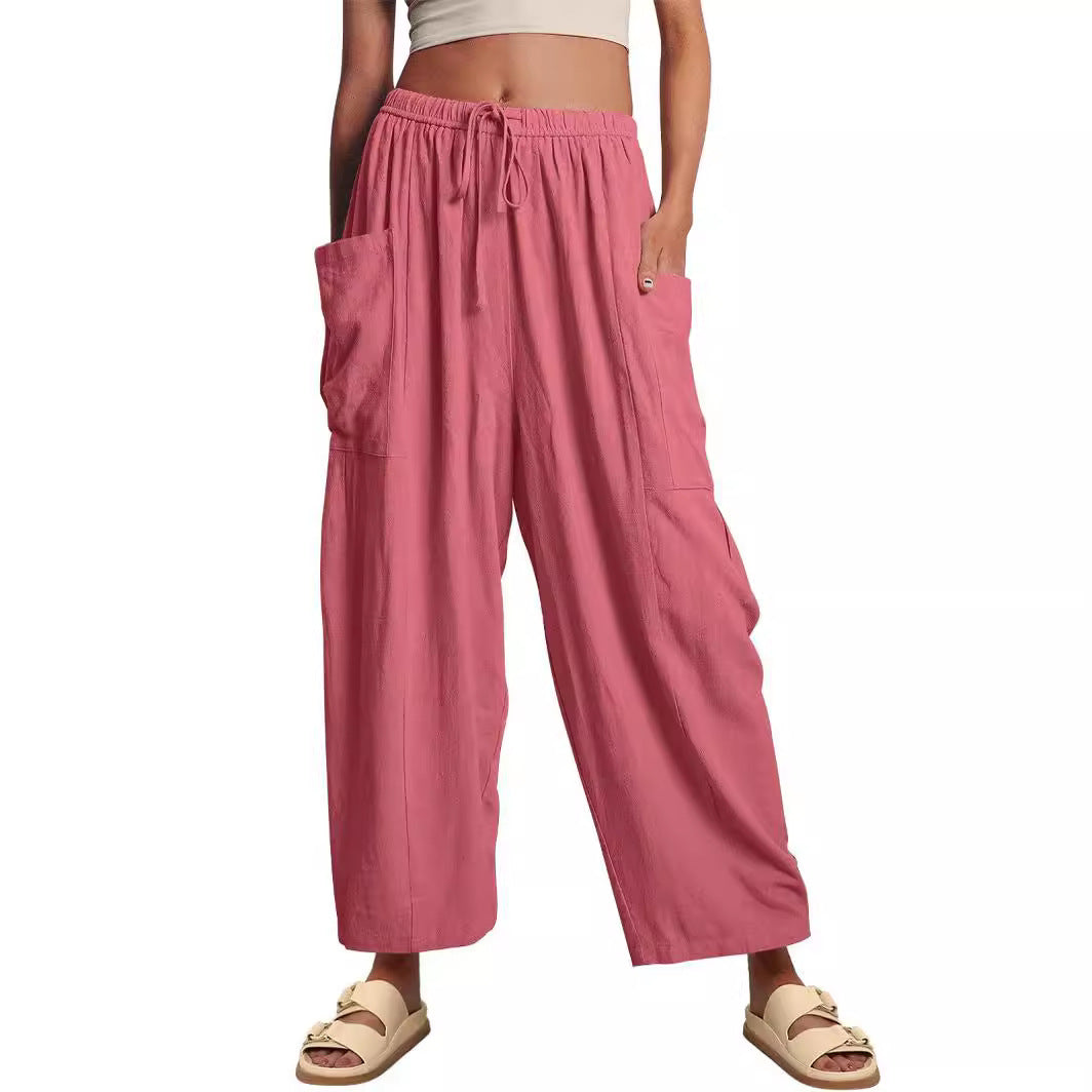 Damen nan weite Palazzohose aus leichtem Leinenmix mit Tunnelzug und seitlicher Tasche Drune