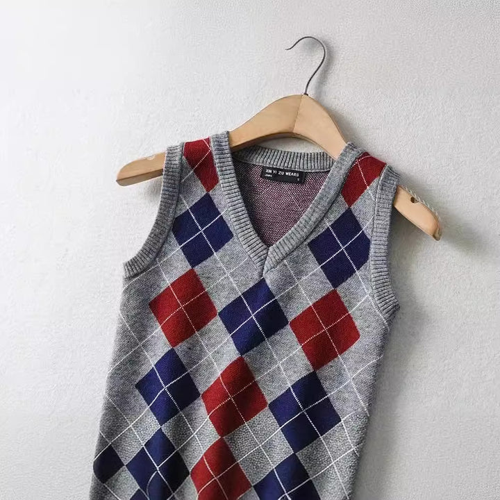 Damen Schickes Strickoberteil mit V-Ausschnitt und Karomuster Drune