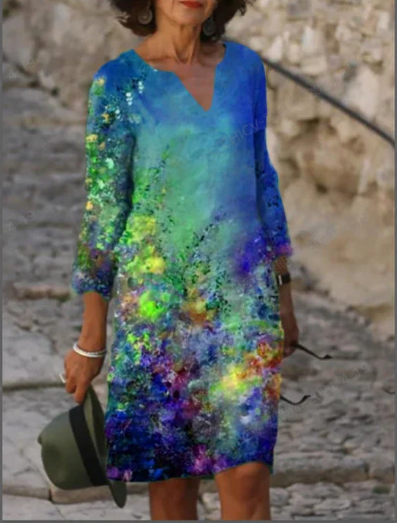 Damen elegantes Sommerkleid mit V-Ausschnitt und 3/4-Ärmeln Drune