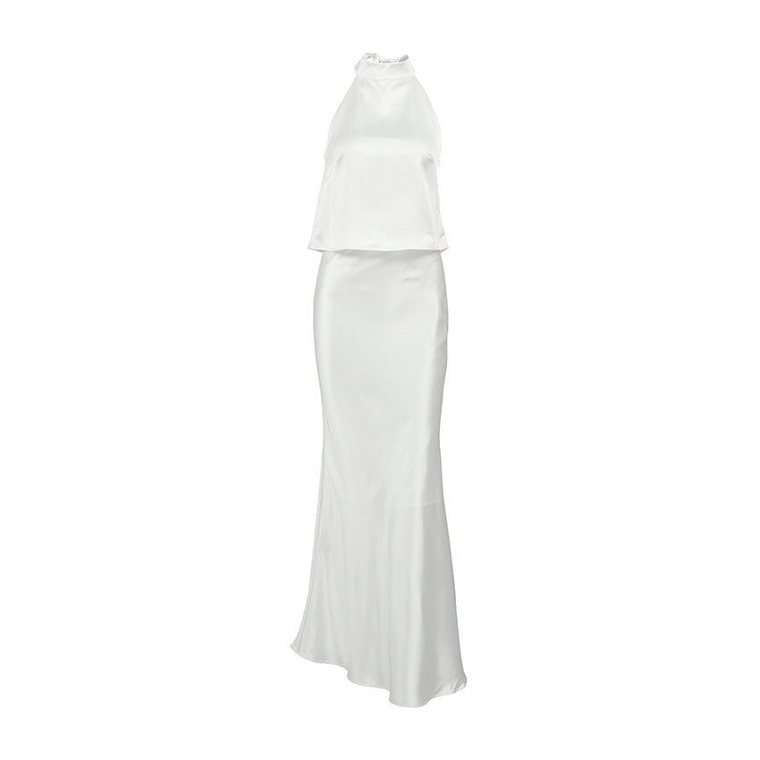 Damen Set aus Haltertop und langem Satinrock mit schwingendem Saum Drune