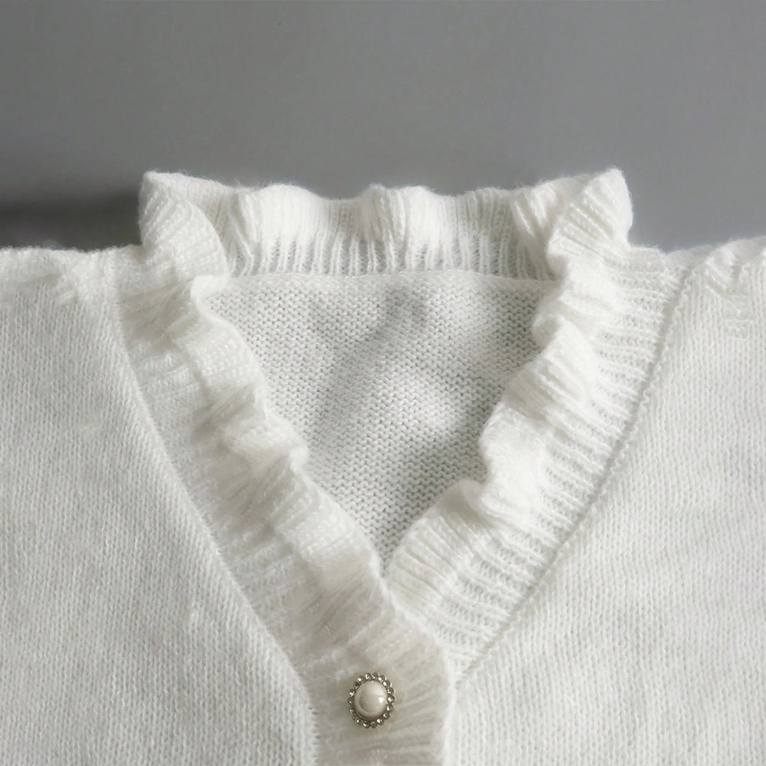 Damen Strickpullover mit Rüschendetails und perlenverzierten Knöpfen Drune